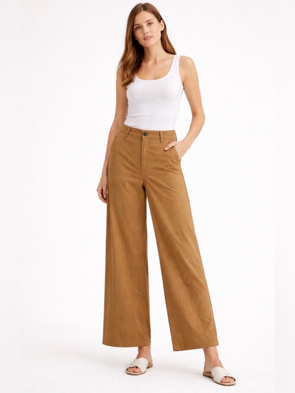 Ela Moss Tan Wide Leg Crop Pants Size 16 High Rise Casual Workwear